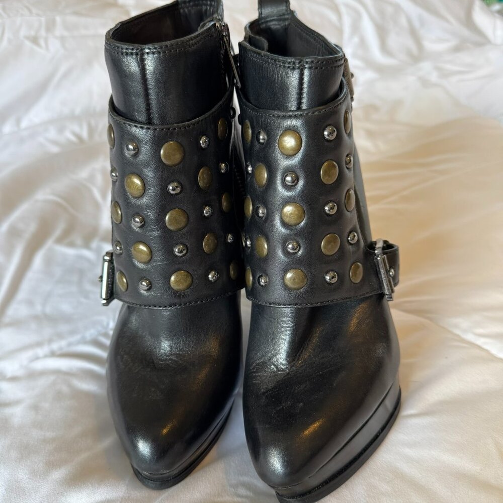 Michael Kors Black Leather Studded Ankle Booties with Gold and Silver Accents